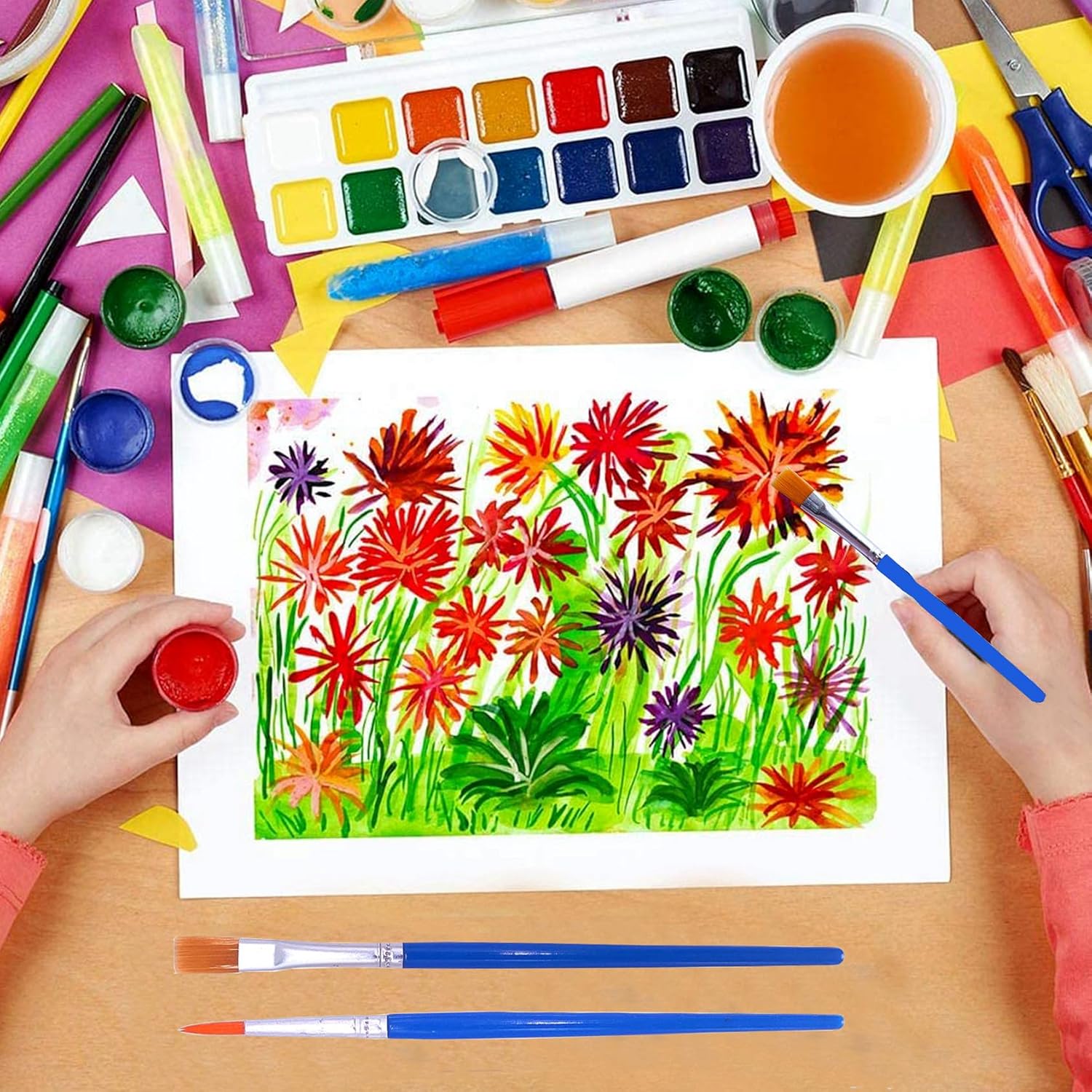 60 pinceles pequeños de mango corto para niños, adolescentes, pinceles a granel para pintura de detalles (30 planos + 30 redondos)