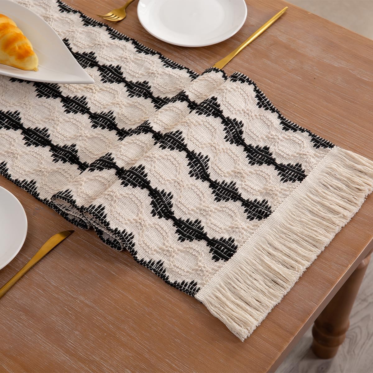 Camino de mesa, moderno camino de mesa de granja, camino de mesa a rayas negras y beige para mesa de comedor rústica bohemia (negrorombosB12x60)