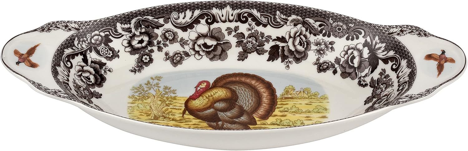 Spode Woodland – Bandeja de pan de 15.25 pulgadas con diseño de pavo, plato de pavo para Acción de Gracias, cenas y eventos, hecha de porcelana