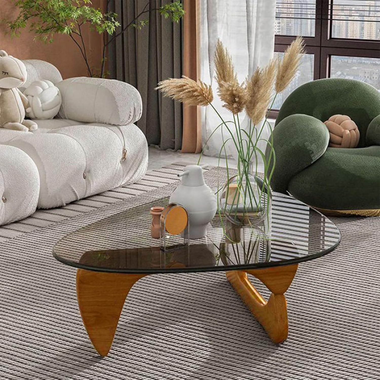 PRITIY Mesa auxiliar triangular con base de madera, parte superior de vidrio transparente, mesa de cristal de mediados de siglo, mesa auxiliar