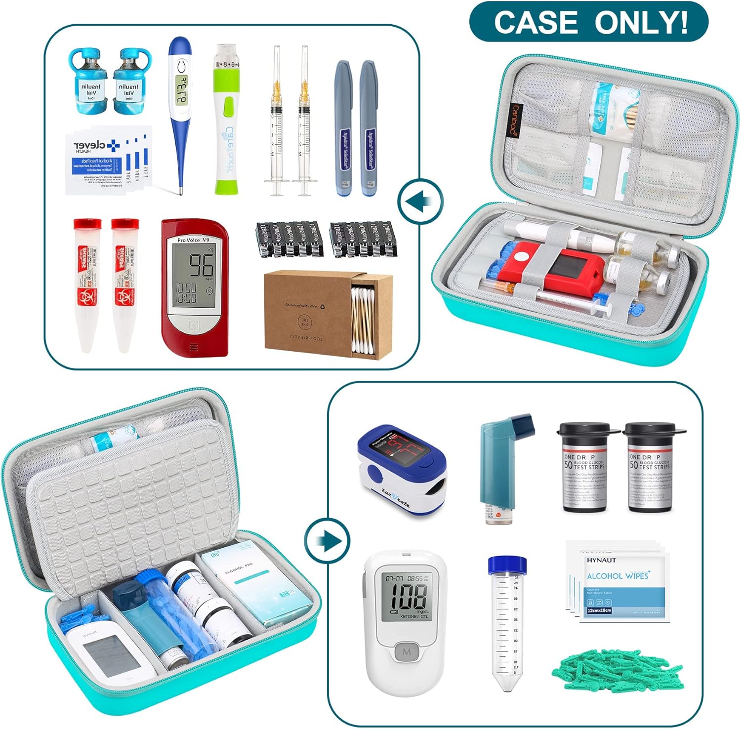 Canboc Estuche de viaje para suministros para diabéticos, bolsa de transporte para medidor de glucosa, bolígrafos de insulina, tiras de prueba de