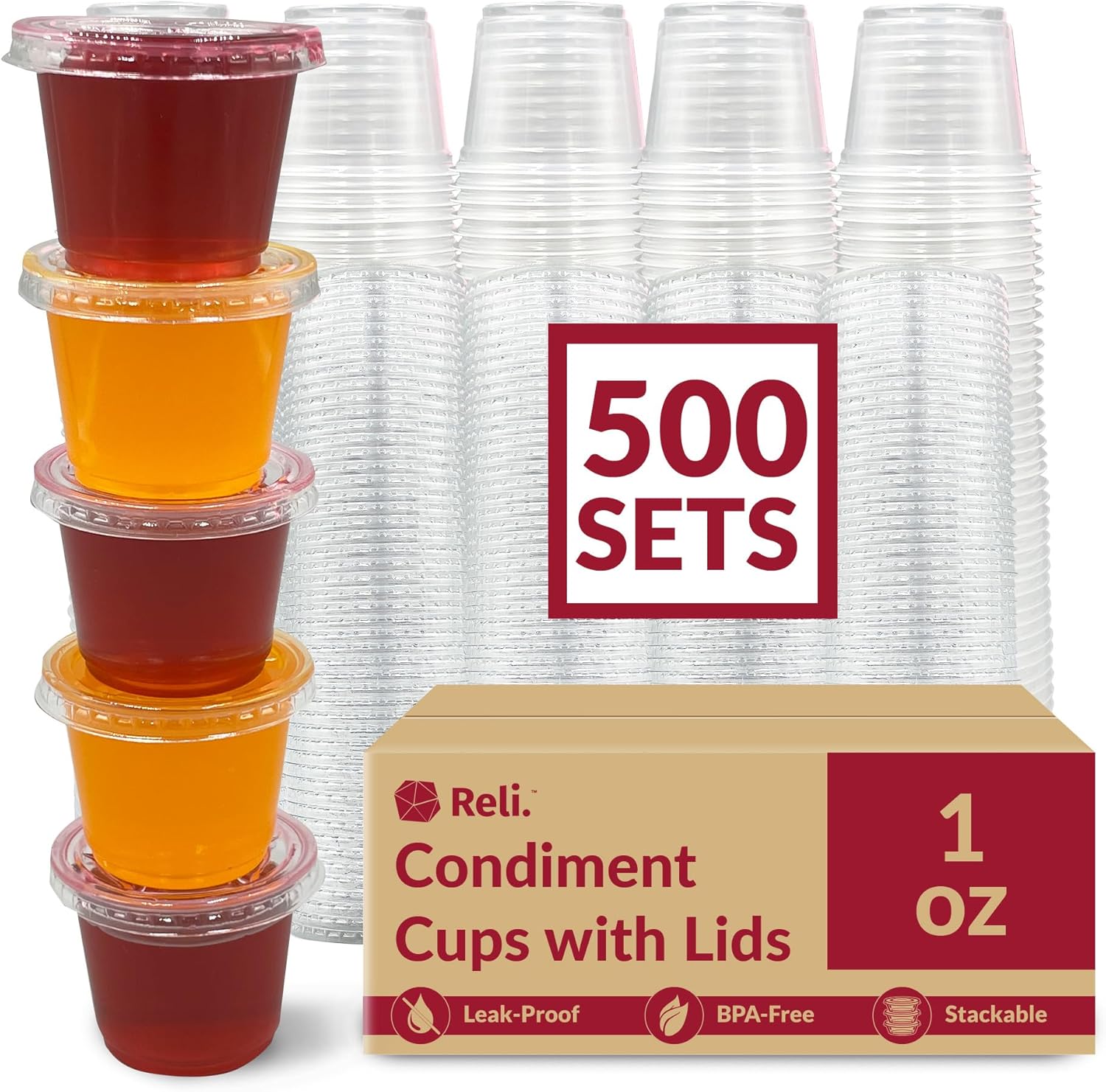 Reli. Recipientes pequeños de 1 oz con tapas (500 juegos)  Vasos de gelatina con tapas  Recipientes de plástico transparente para condimentos con