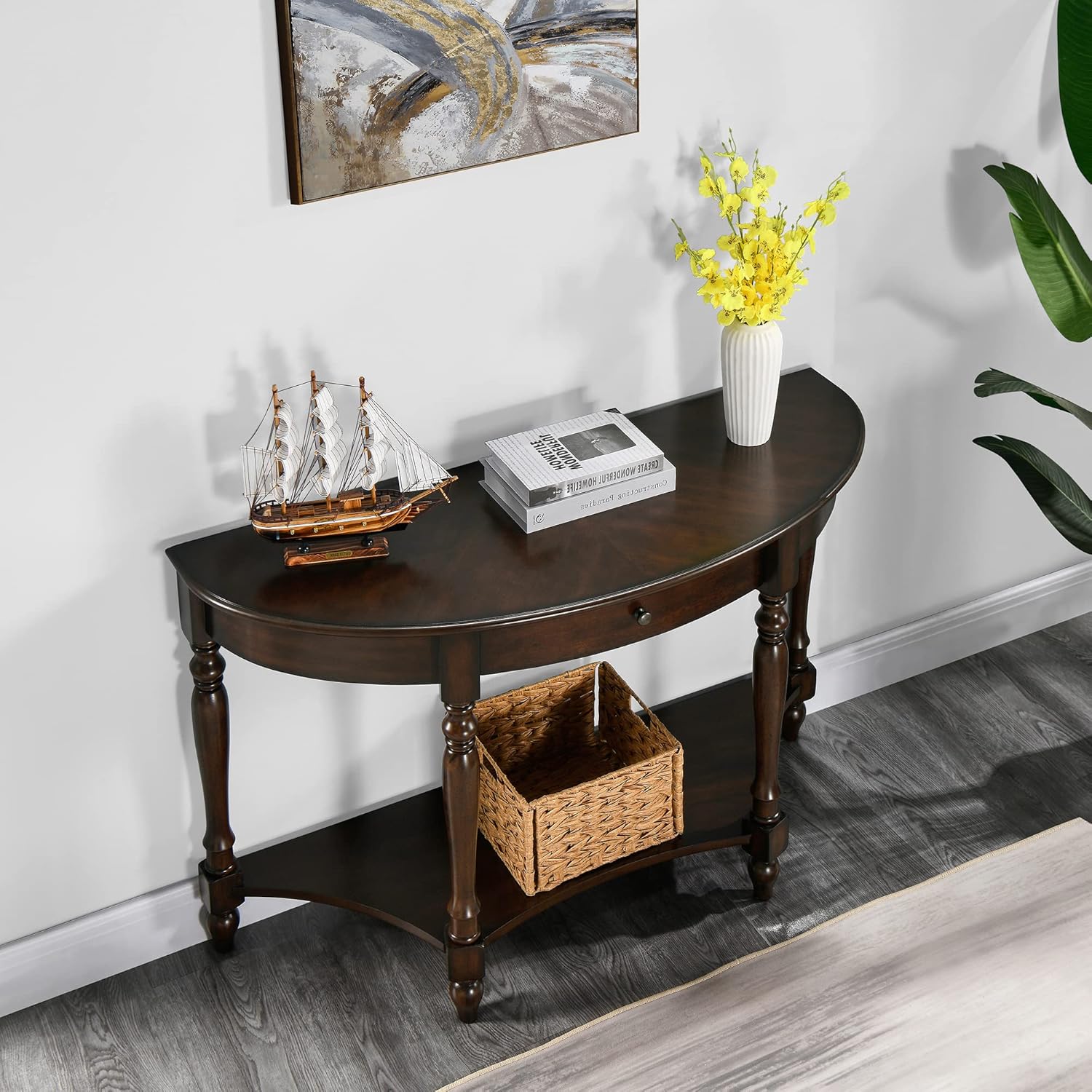 MODERION Mesa consola de madera maciza con cajón, mesa de entrada semicírculo con estante de almacenamiento, media luna tradicional elegante mesa de
