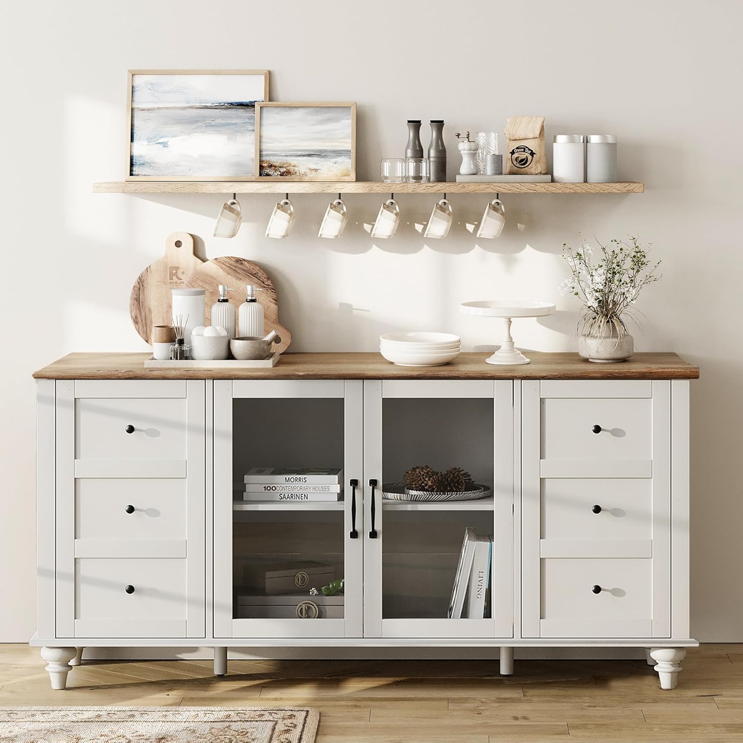 WAMPAT Aparador de buffet con puerta de cristal, armarios de almacenamiento de cocina, mesas de bar de café de madera, armario de almacenamiento de