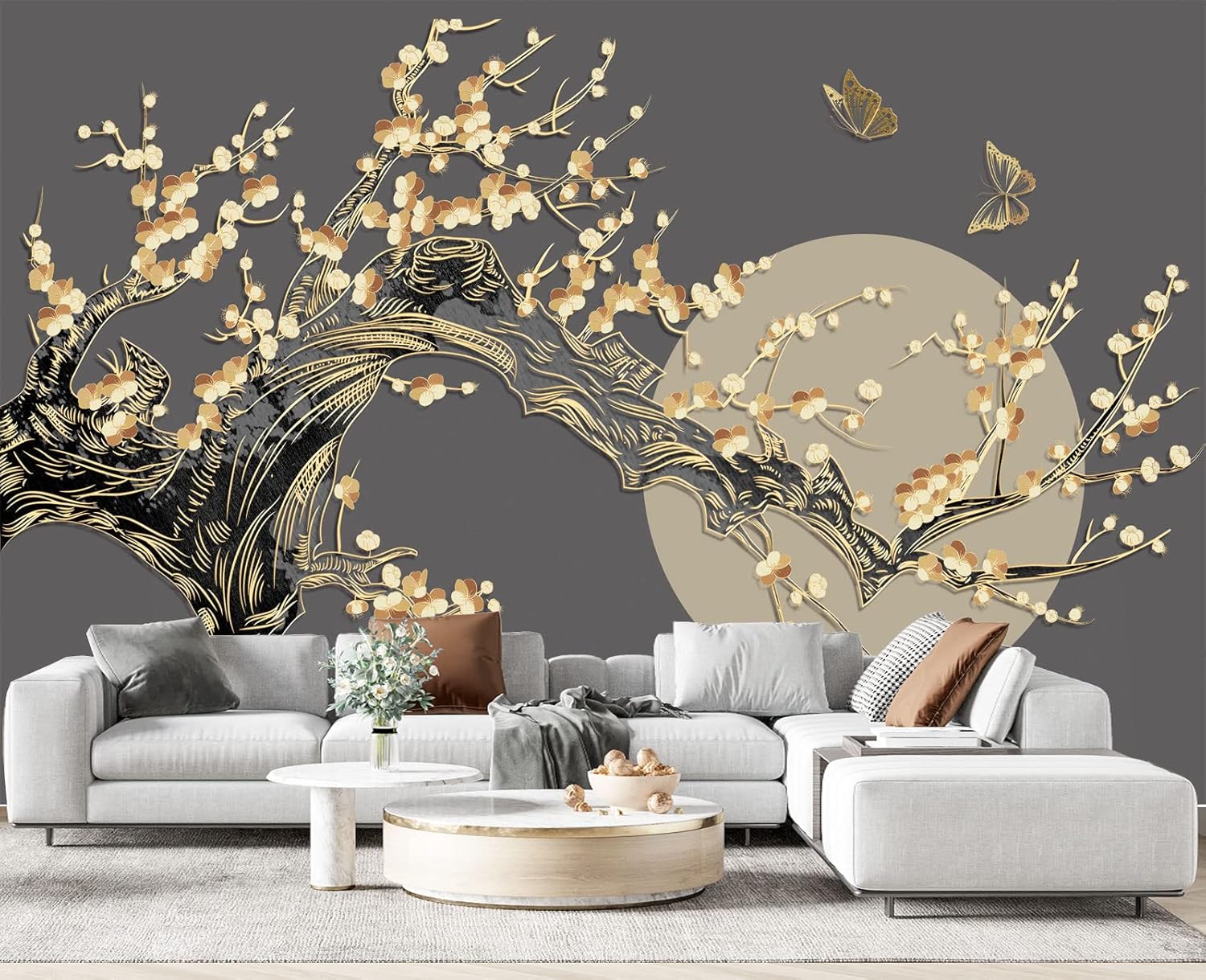 Papel tapiz de pared con diseño de mariposas y luna de ramas doradas, para dormitorio, 178 x 117 pulgadas