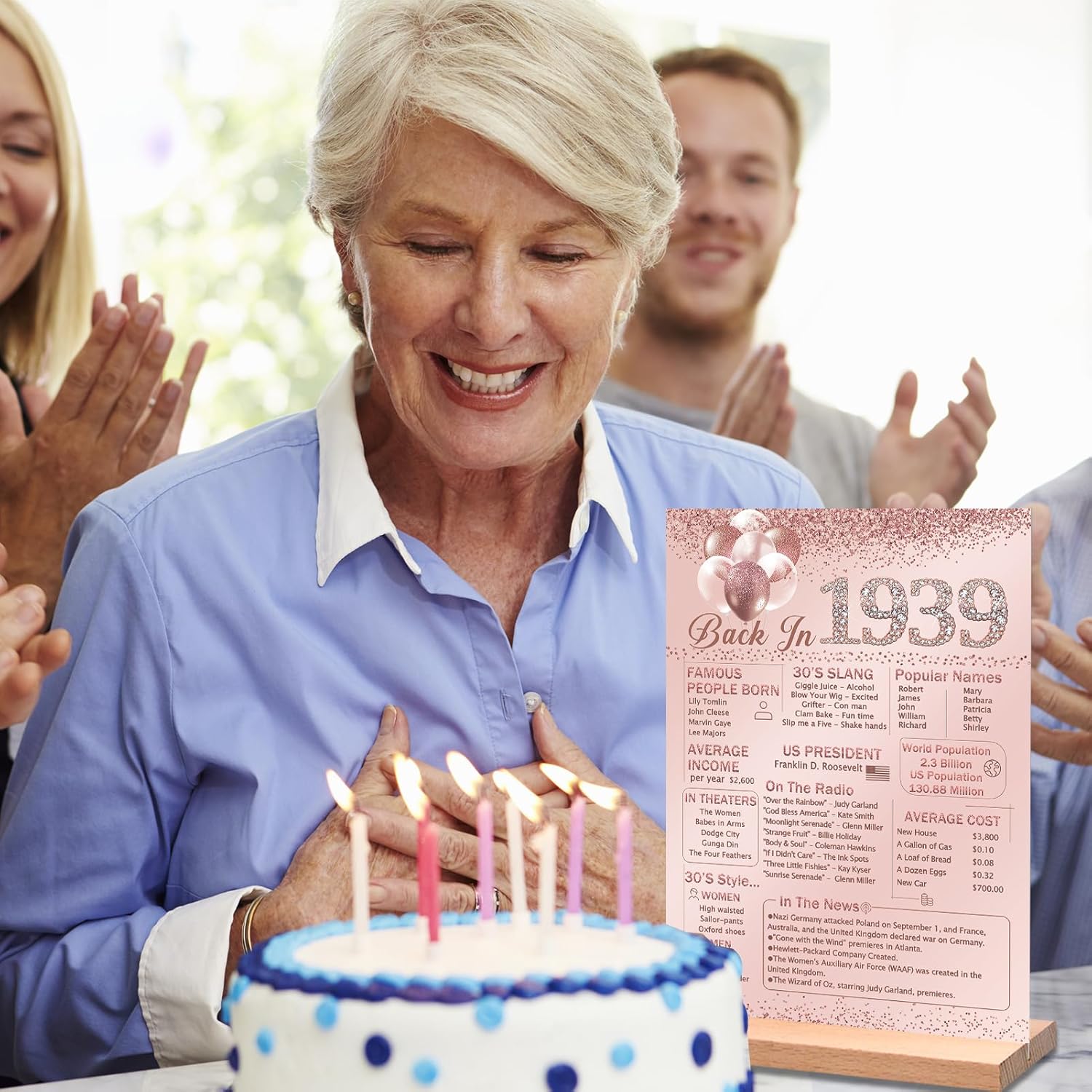 Vlipoeasn Decoración de mesa rosa de cumpleaños número 85 para mujer, póster vintage de 1939, letrero de mesa acrílico grande de oro rosa con