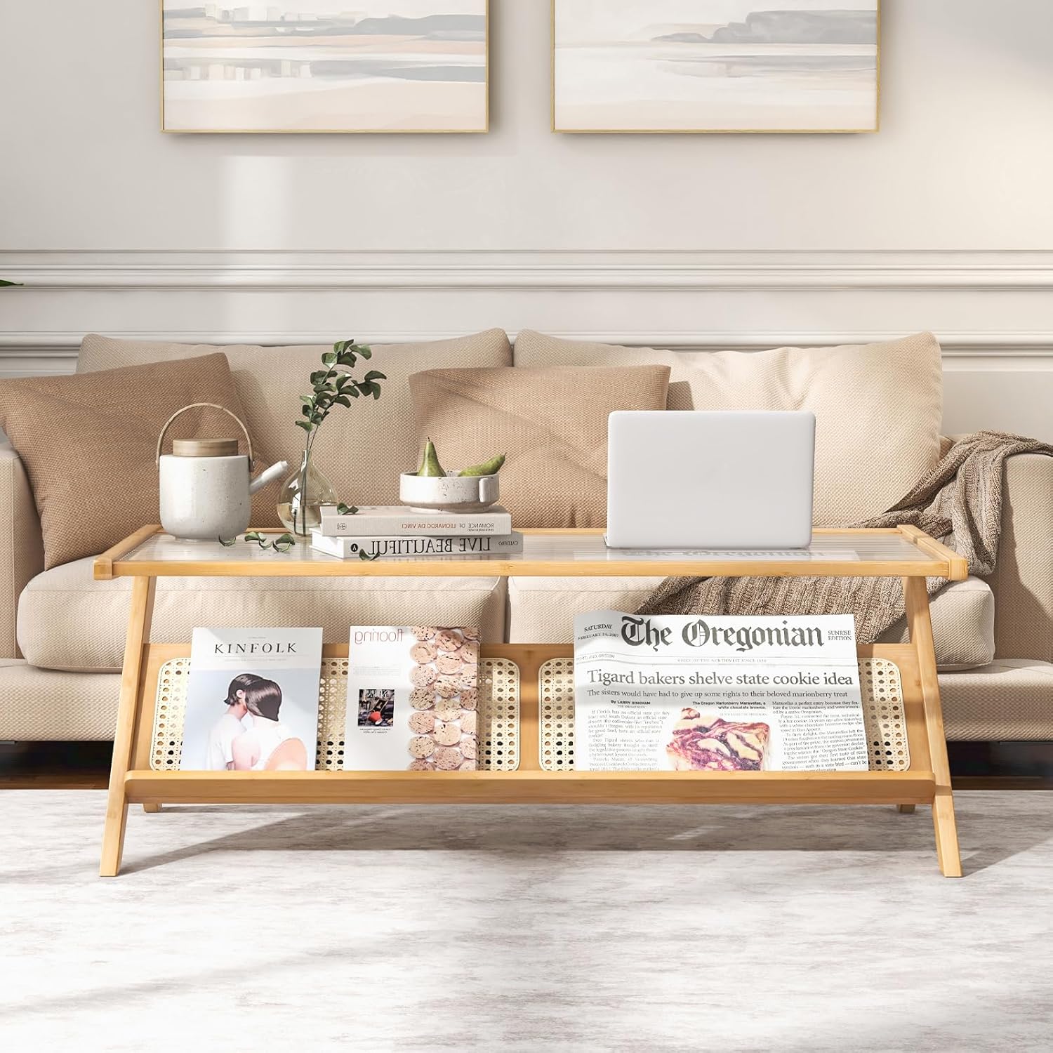 Tangkula Mesa de centro de bambú, mesa central moderna con mesa de vidrio templado y estante abierto de ratán, mesa de té rectangular de 2 niveles