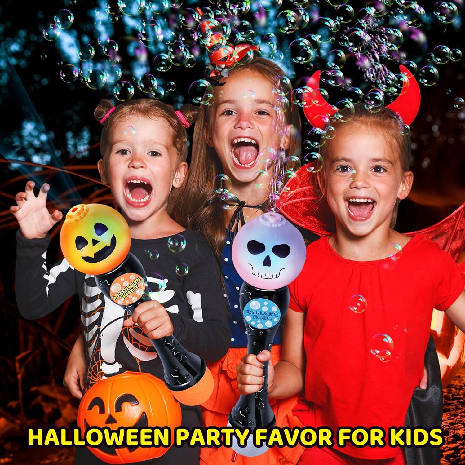Paquete de 2 varitas sopladoras de burbujas con luz de Halloween, máquina de burbujas brillantes de calabaza y fantasma con 4 soluciones de