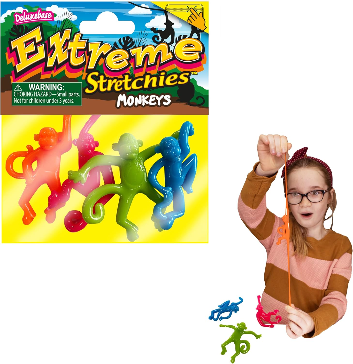 Extreme Stretchies – Mono de Deluxebase. Paquete de 4 juguetes elásticos de animales pequeños de zoológico. Perfecto para niños, grandes recuerdos