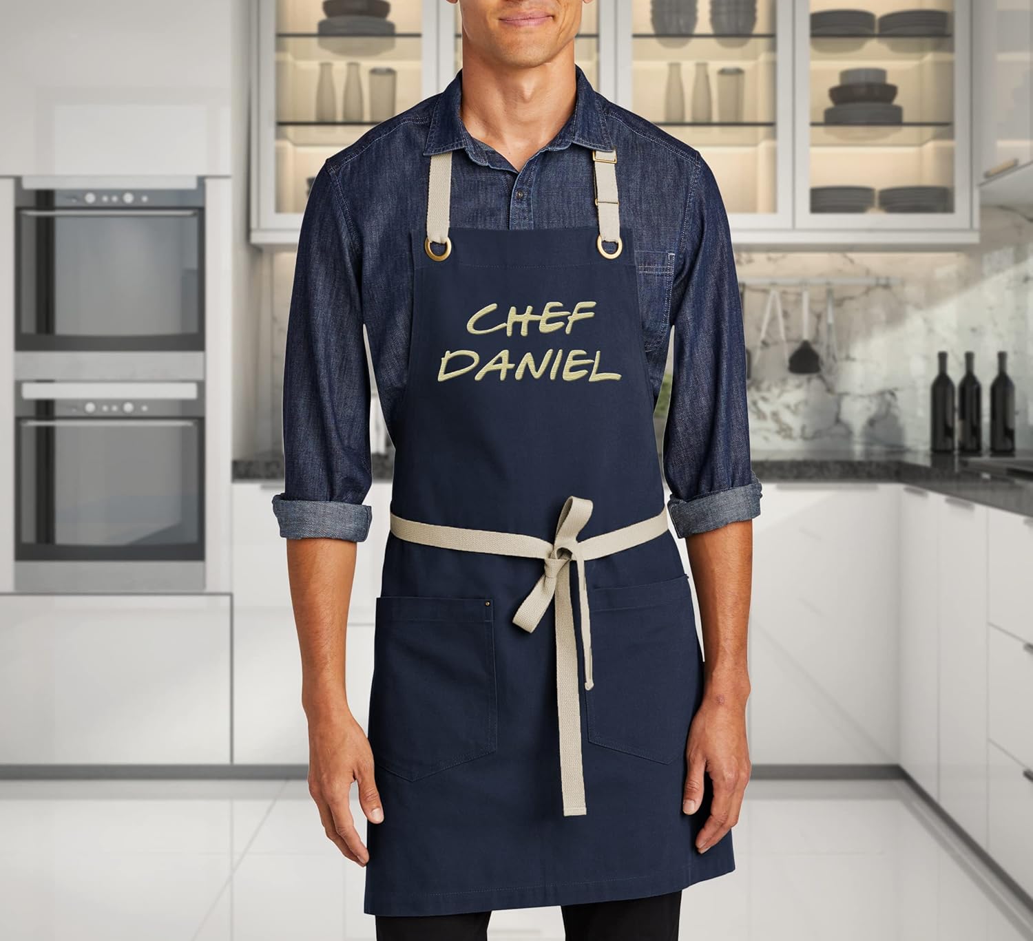 TEEAMORE Delantal de cocina bordado personalizado Añadir su nombre Diseño de logotipo Cocinar Hornear Cocina Chef Delantal Regalos