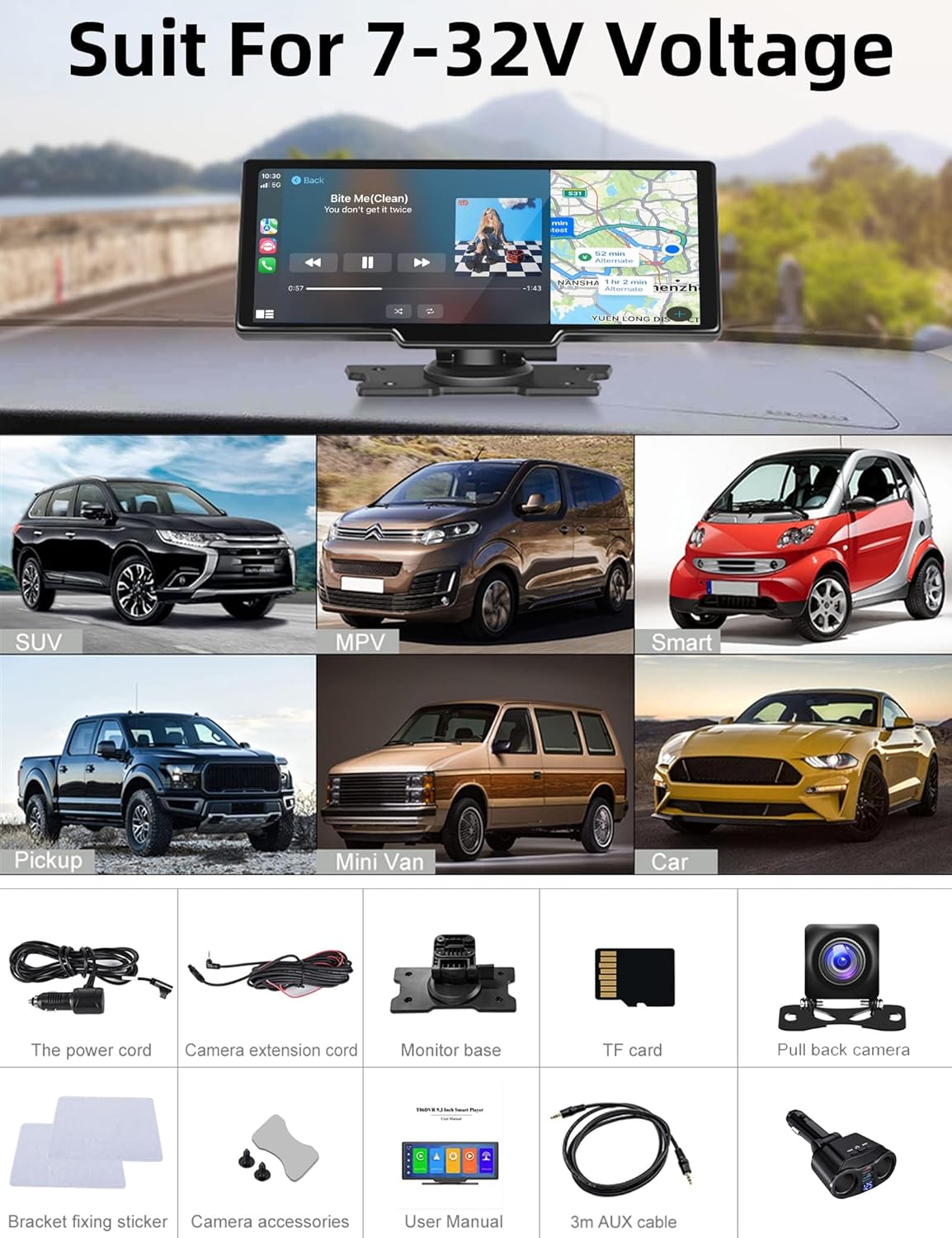 Estéreo de coche inalámbrico portátil Carplay con cámara de tablero de 2.5 K de 9.3 pulgadas, pantalla táctil Android Auto, grabación en bucle