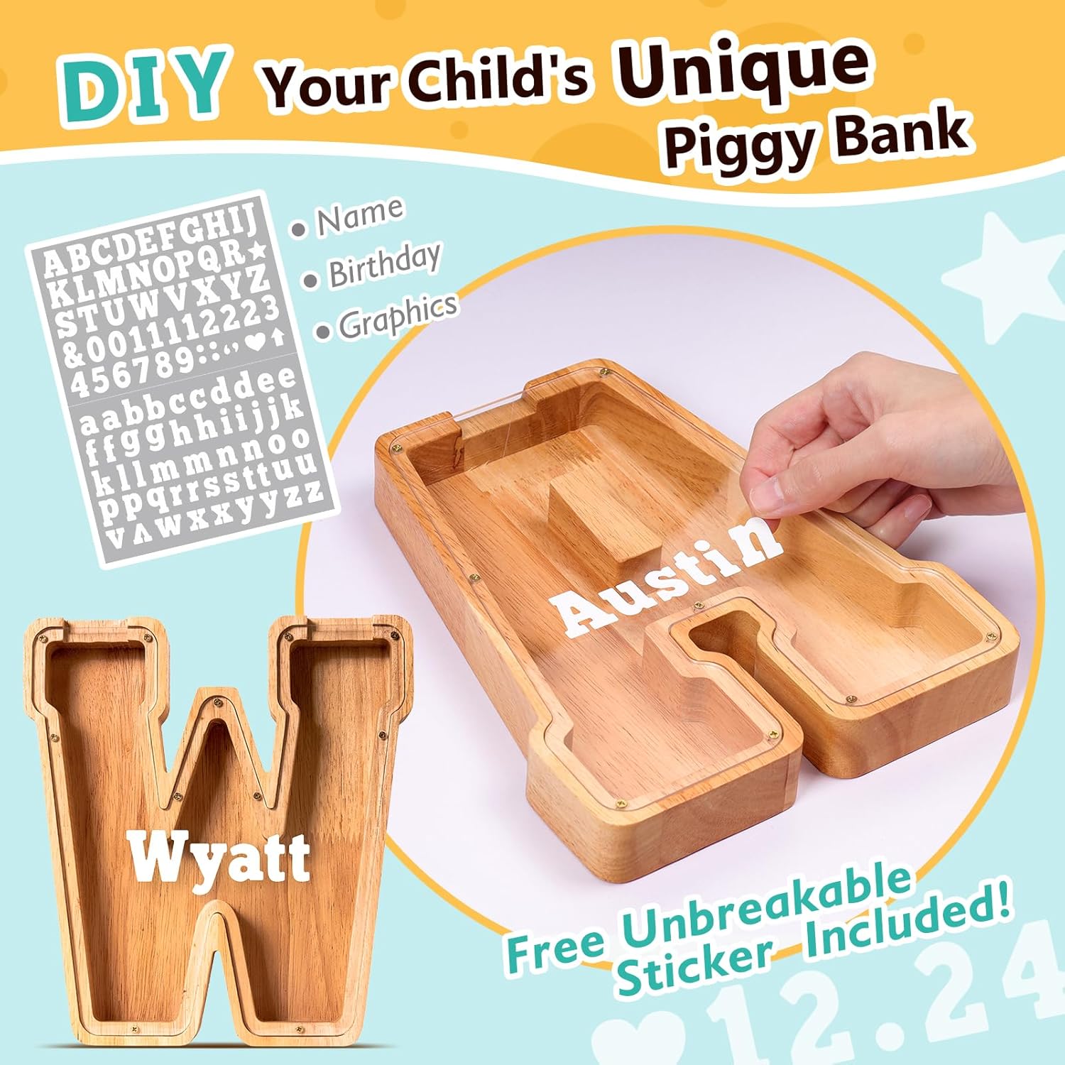 SummiDate Alcancía con letras de madera, alcancía para niños y niñas, banco de dinero del alfabeto W, regalo de cumpleaños para niños, regalo del