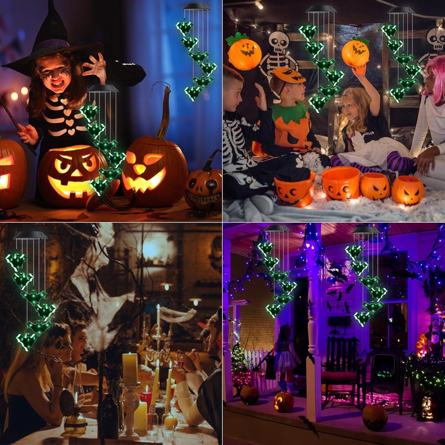 Luces decorativas de Halloween, luces de murciélago verdes aterradoras para exteriores, luces solares colgantes de Halloween, campanillas de viento