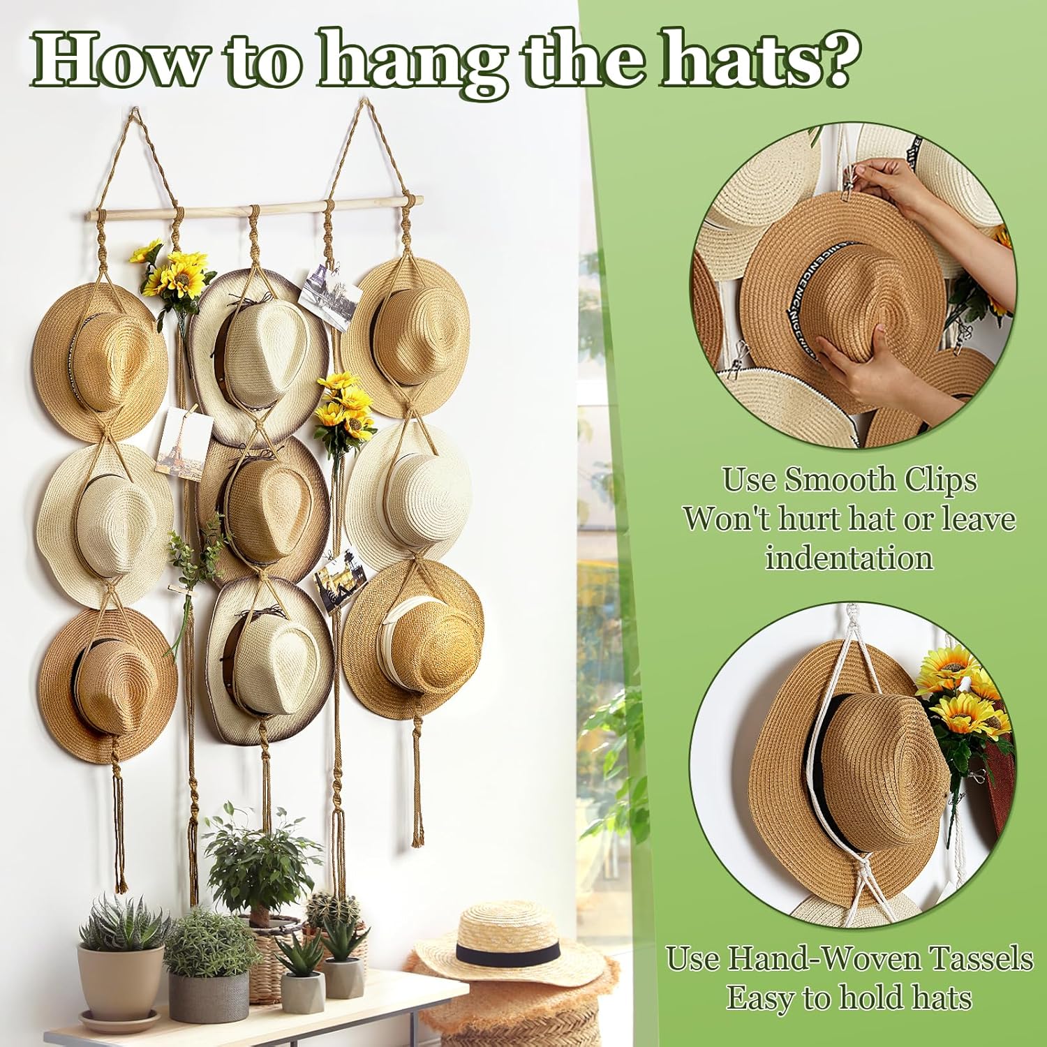 Organizador de sombreros de macramé para pared, 15 clips de 31 x 53 pulgadas, ganchos grandes para sombreros de Fedora, para almacenamiento de