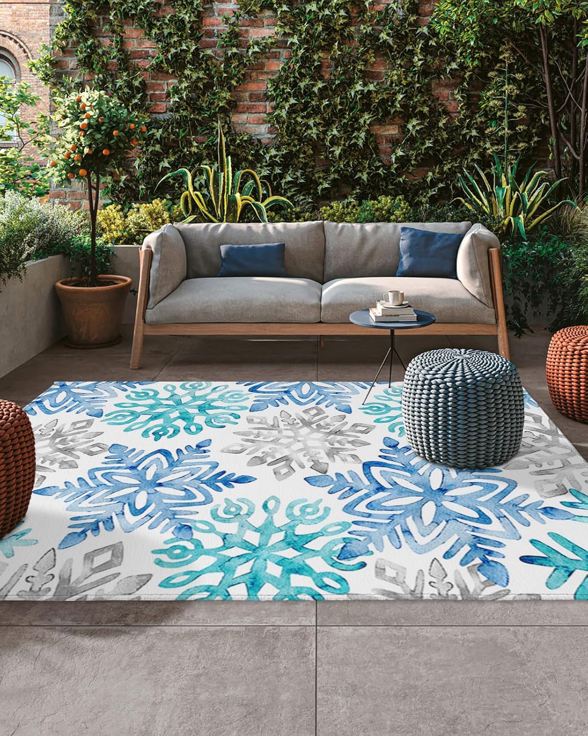 Outdoor Rug Carpet Waterproof 5×8 ft Area Rug, Blue Green Snowflake Winter Large Floor Mat for Patio Balcony Living Room Backyard Picnic Beach RV