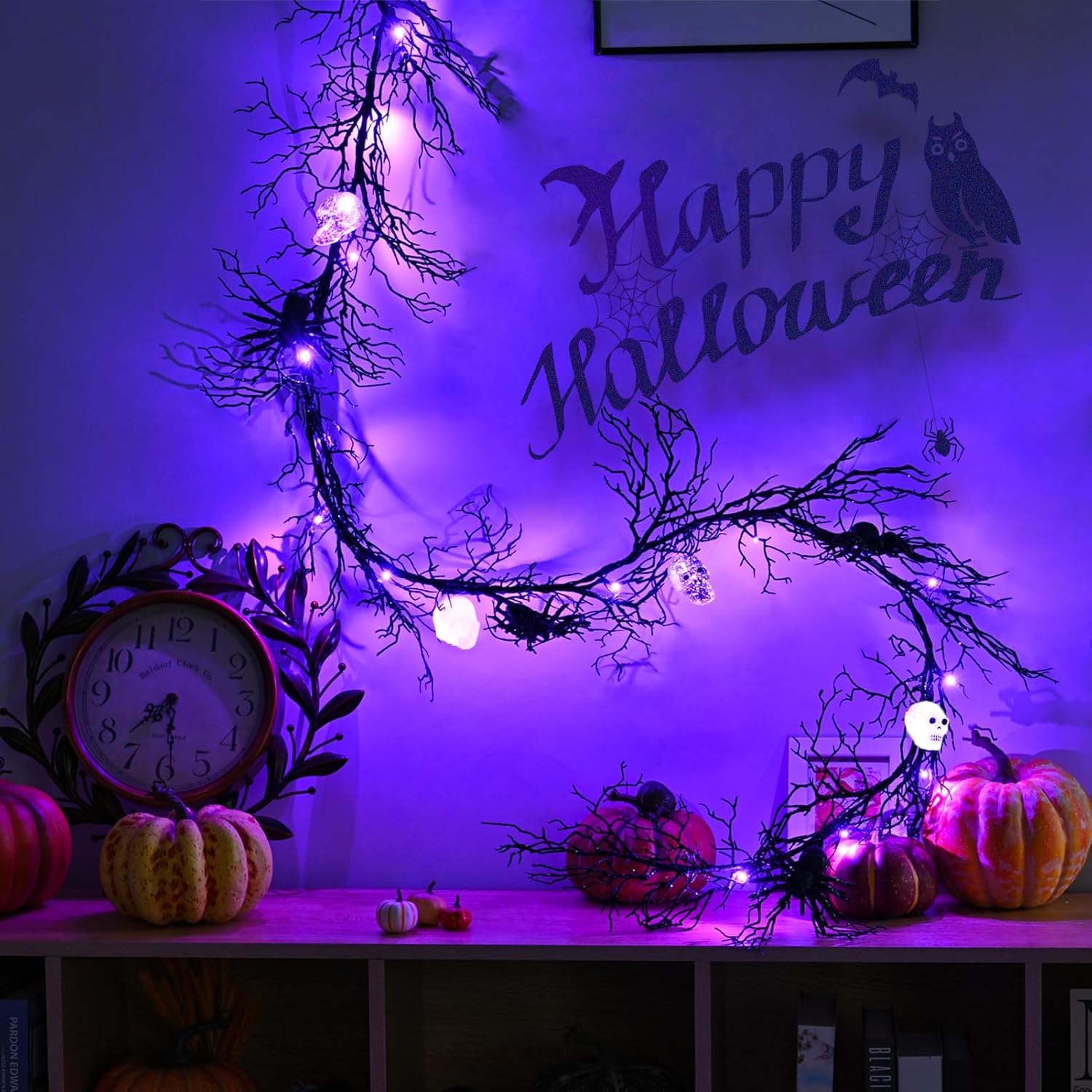 Guirnalda de Halloween para decoración de Halloween, guirnalda negra de 6 pies con temporizador, luces LED de araña, decoración de Halloween,