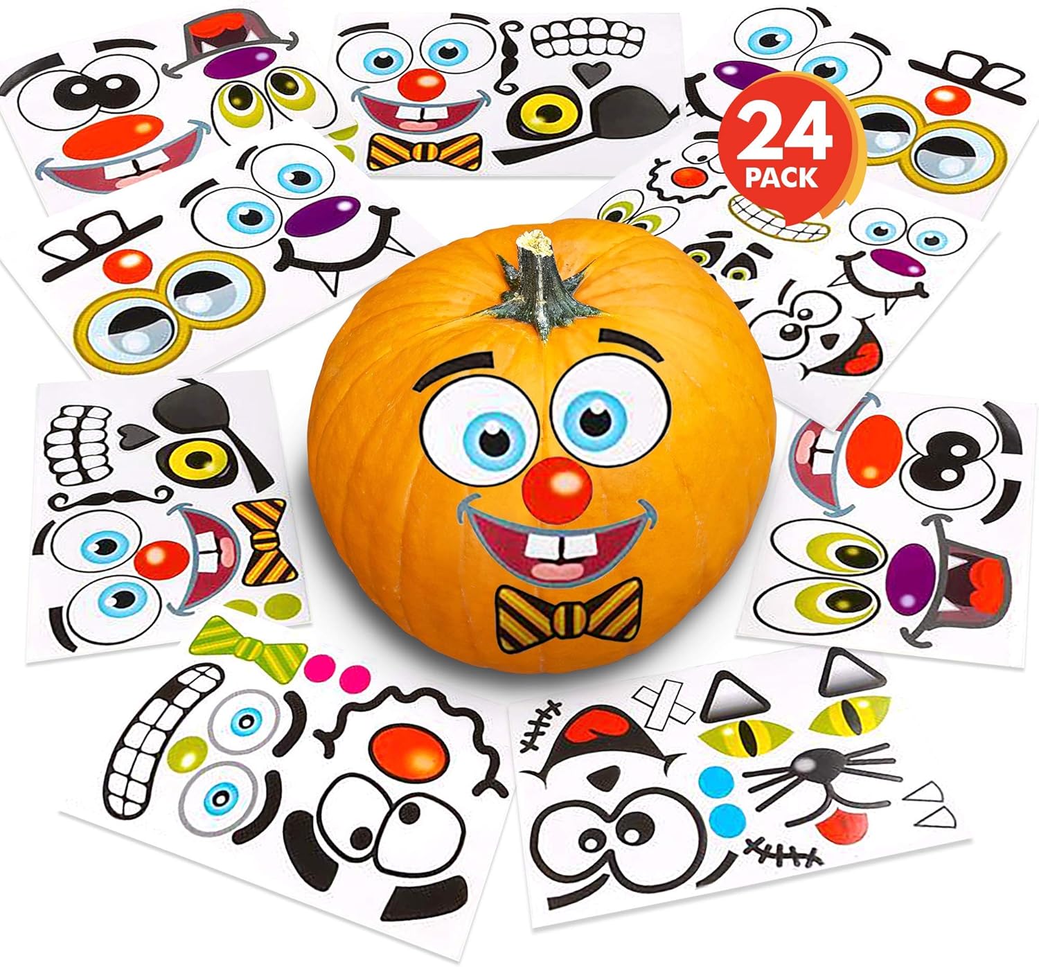 ArtCreativity Calcomanías decorativas de calabaza de Halloween, 24 hojas, kit de decoración de Jack-o-Lantern, 52 calcomanías faciales en total,