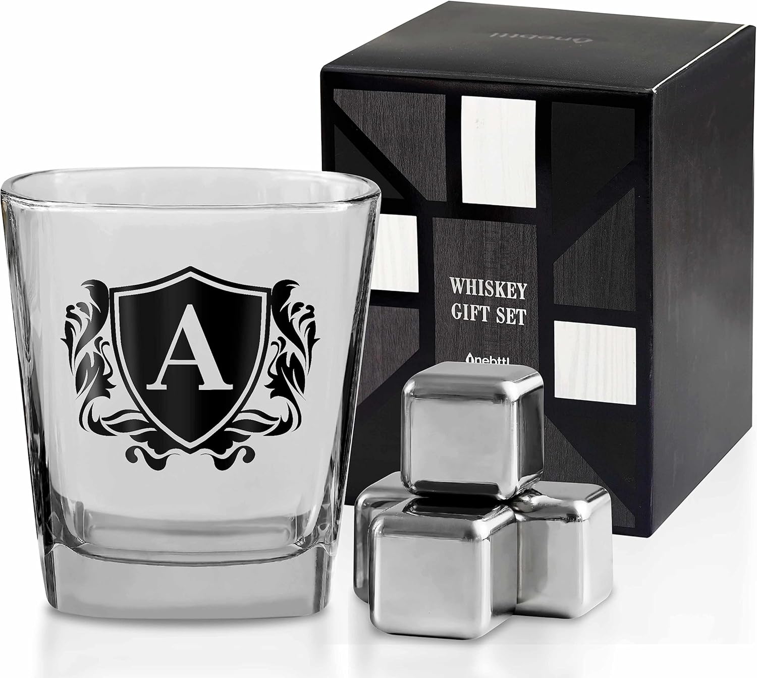 Regalos de whisky para hombres, vaso de whisky con inicial personalizada con piedras de whisky para papá, novio, mejores amigos, compañeros de