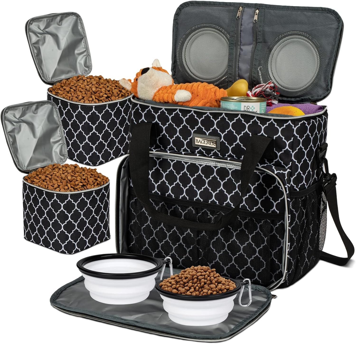 BAGLHER Bolsa de viaje para perros, bolsa de viaje para mascotas (todos los suministros de viaje para mascotas), con 2 recipientes de comida para
