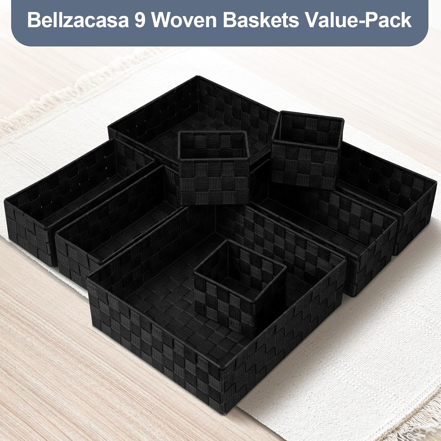 Cestas tejidas para almacenamiento (juego de 9), cestas de almacenamiento para organizar, cestas de contenedores de cubo cestas de almacenamiento
