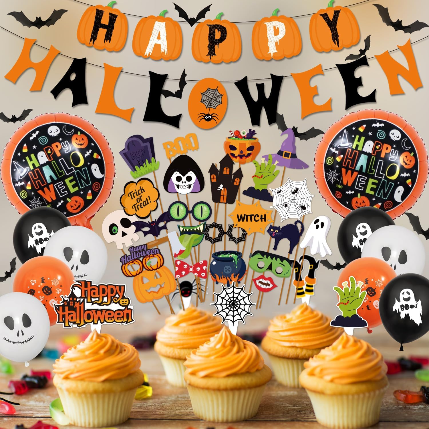 Juego de suministros de globos para fiesta de Halloween, incluye adornos para cupcakes, accesorios para fotos de selfies, pancarta de Halloween,