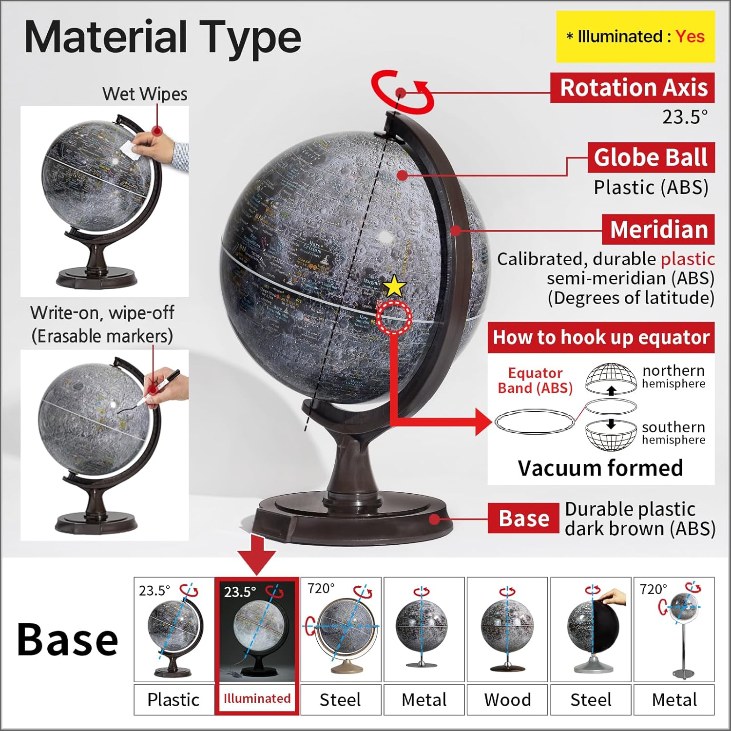 Mapsoft Prime – Globo lunar gris iluminado, 11.8 in, MI-30