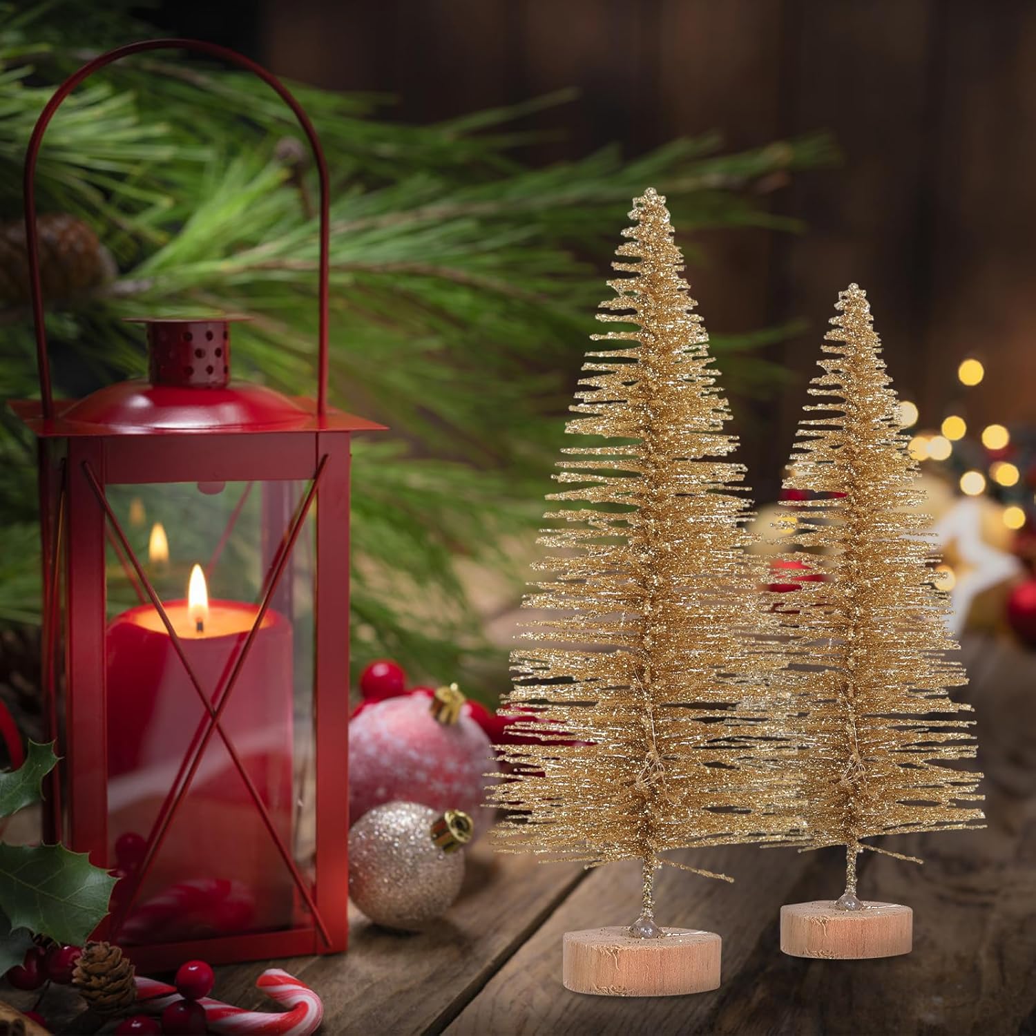 8 piezas de mini árbol de Navidad, pequeños árboles de Navidad artificiales con base de madera, árboles de cepillo de botella, árbol de Navidad