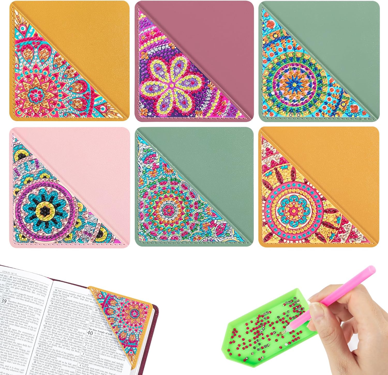 ALKALO Juego de 6 marcapáginas de esquina de pintura de diamantes DIY 5d Mandala Diamond Page Book Art Kits