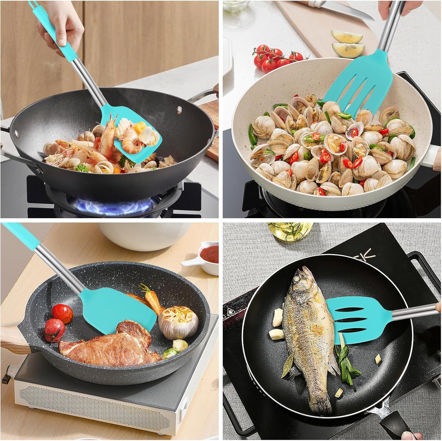 2 espátulas sólidas de silicona, espátulas de cocina ranuradas antiadherentes, utensilios de cocina resistentes al calor de 600 F, utensilios de