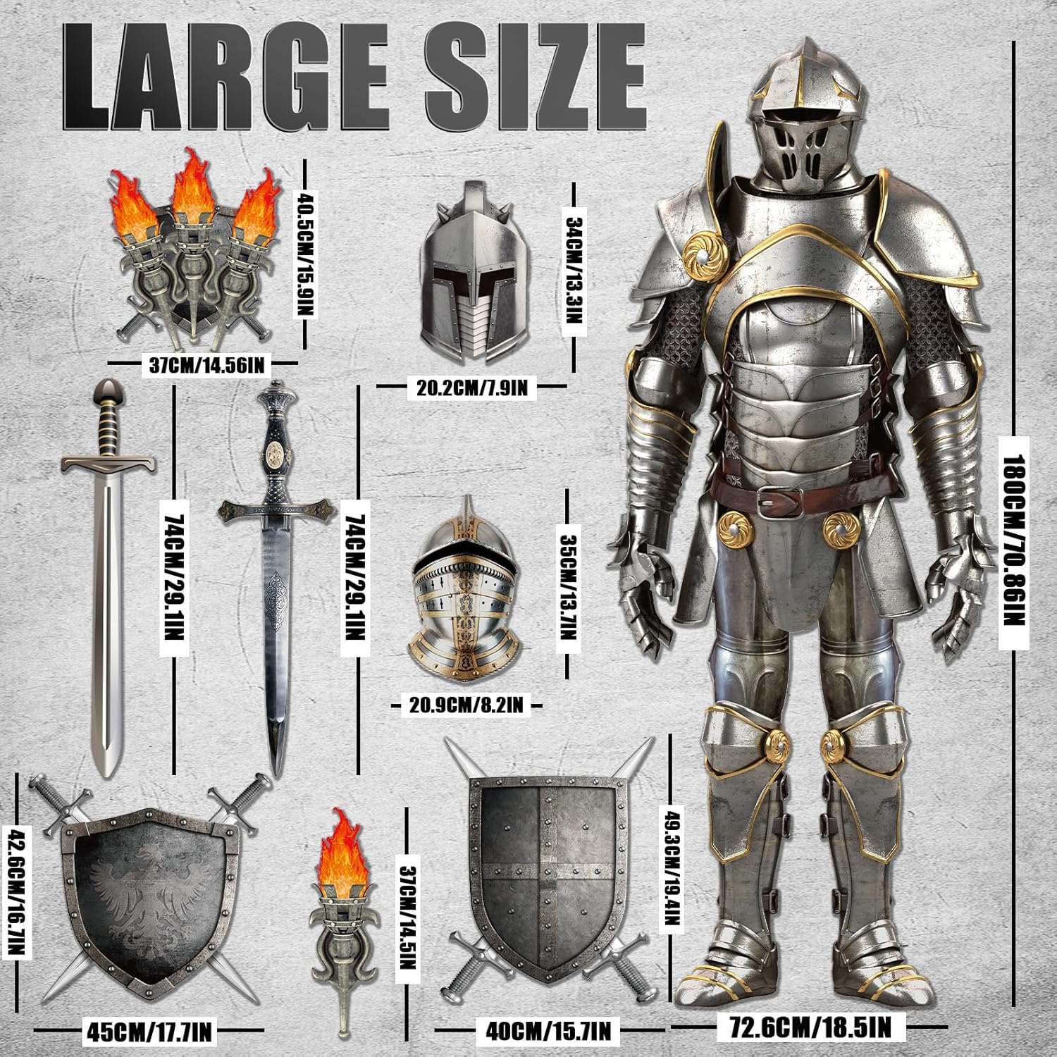 15 piezas de decoraciones medievales para fiestas de 6 pies, traje articulado de armadura de caballero recortado, accesorios de antorcha medieval