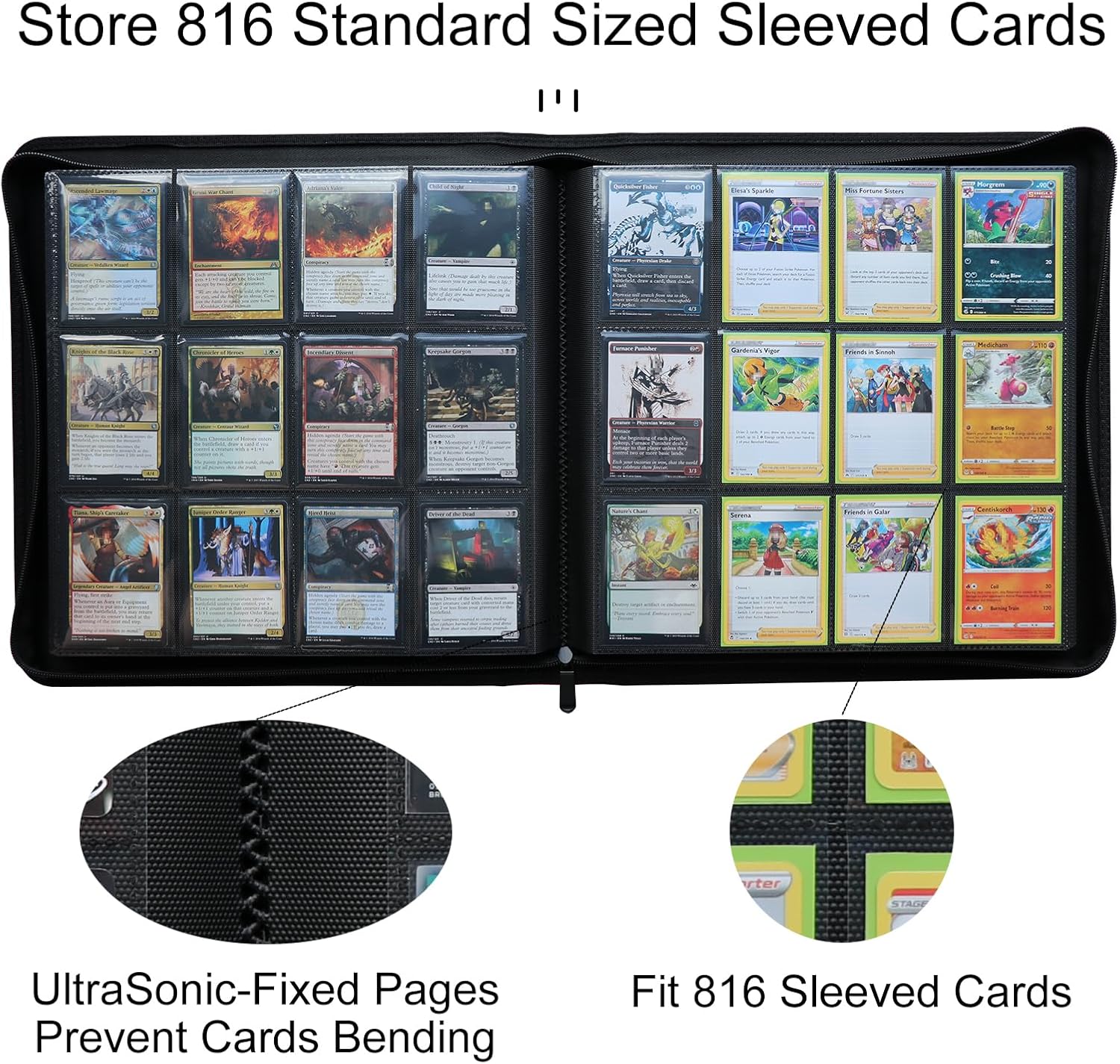 Carpeta de tarjetas de 12 bolsillos con más de 800 bolsillos para tarjetas con funda, bolsillos grandes sin anillo, bolsillos laterales de carga