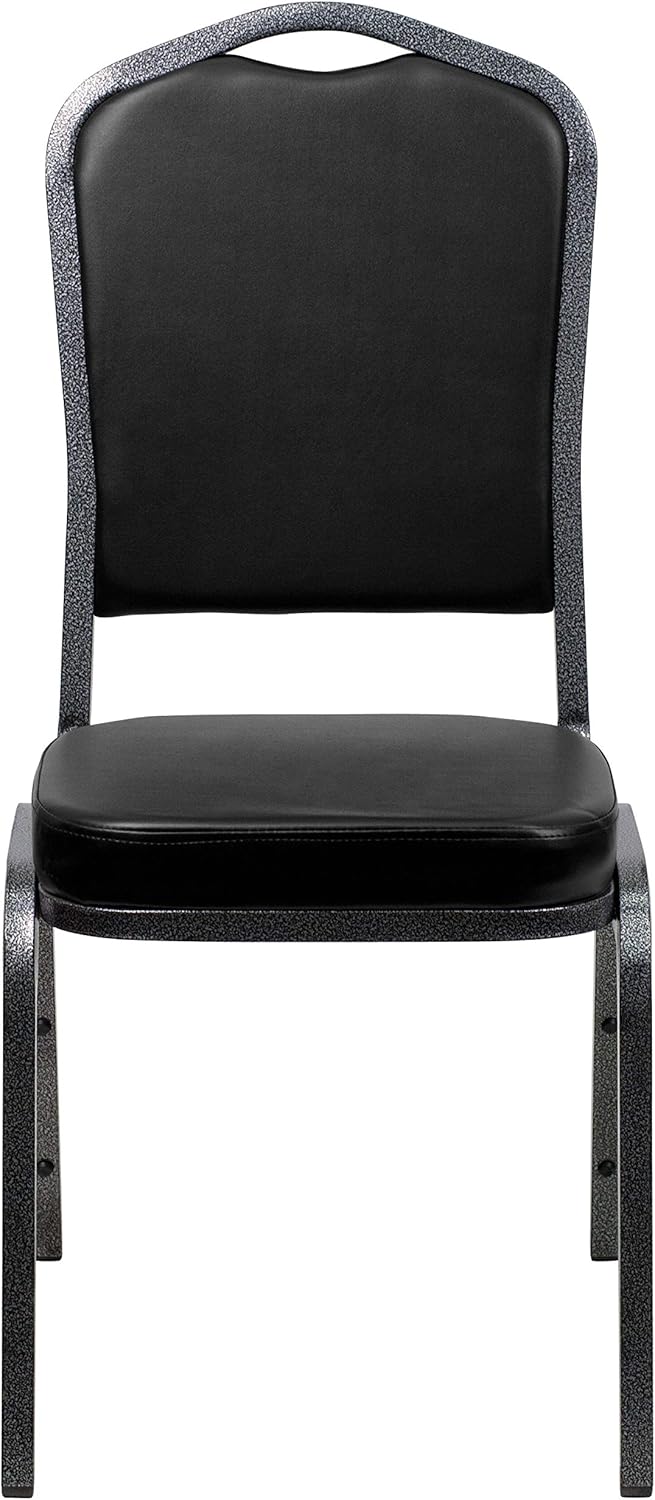 BizChair Paquete de 4 sillas apilables para banquetes con respaldo de corona en vinilo negro, marco de vena plateada