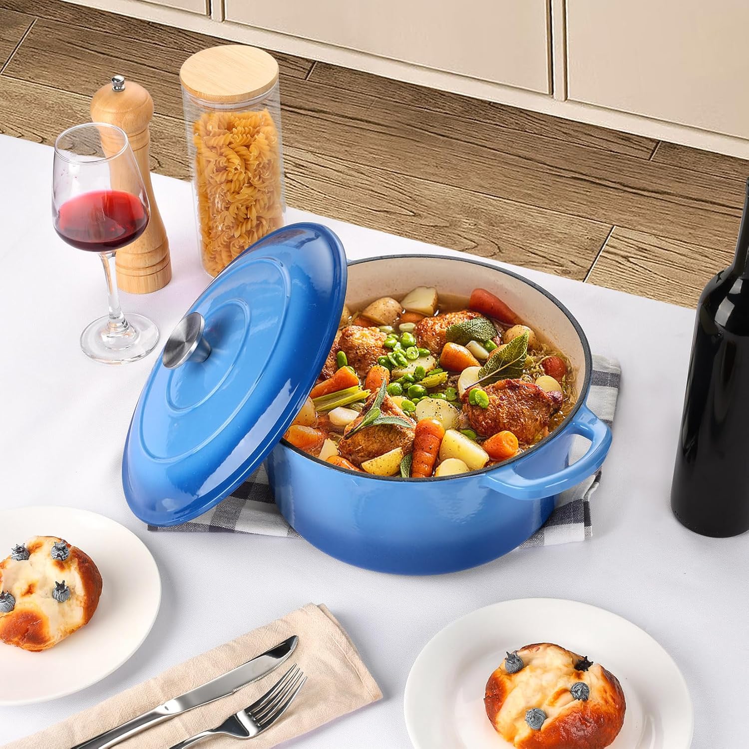 P&P CHEF – Horno holandés esmaltado de 6 cuartos de galón con tapa, olla de horno holandés de hierro fundido, olla redonda esmaltada para estofar,