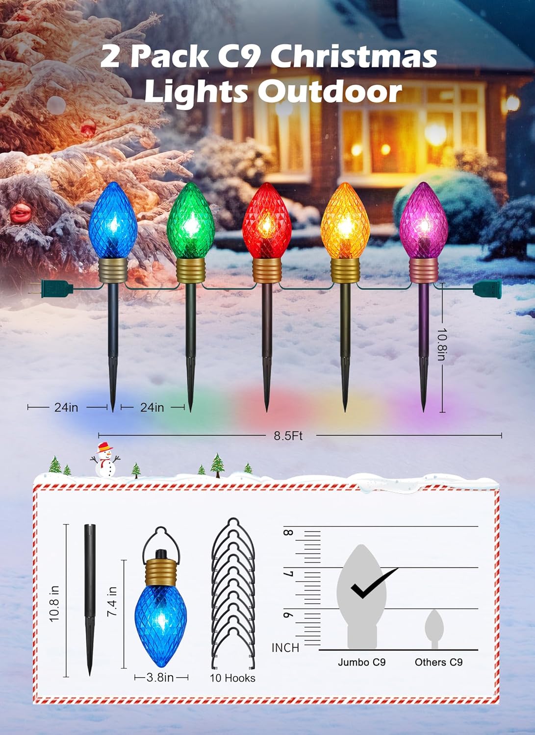 Paquete de 2 luces jumbo C9 de Navidad para caminos al aire libre  10.5 pies 5 luces fresa C9 luces de pasarela, luces C7 cubiertas Jumbo Multicolor