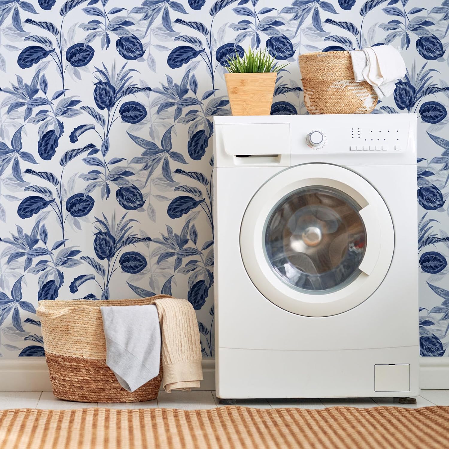 Papel tapiz adhesivo floral para despegar y pegar, extraíble, hojas azules, bohemio, fácil de despegar, autoadhesivo, moderno, impermeable, para