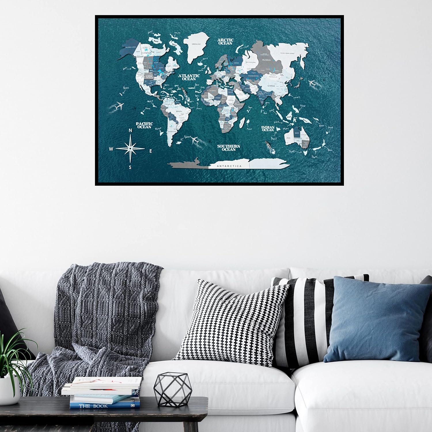 ENJOY THE WOOD Framed World Map Wall Art Wood Travel Decor 3D World Map On Board Wall Rustic Decoration Housewarming Gift (Medium, Board, Cruise)