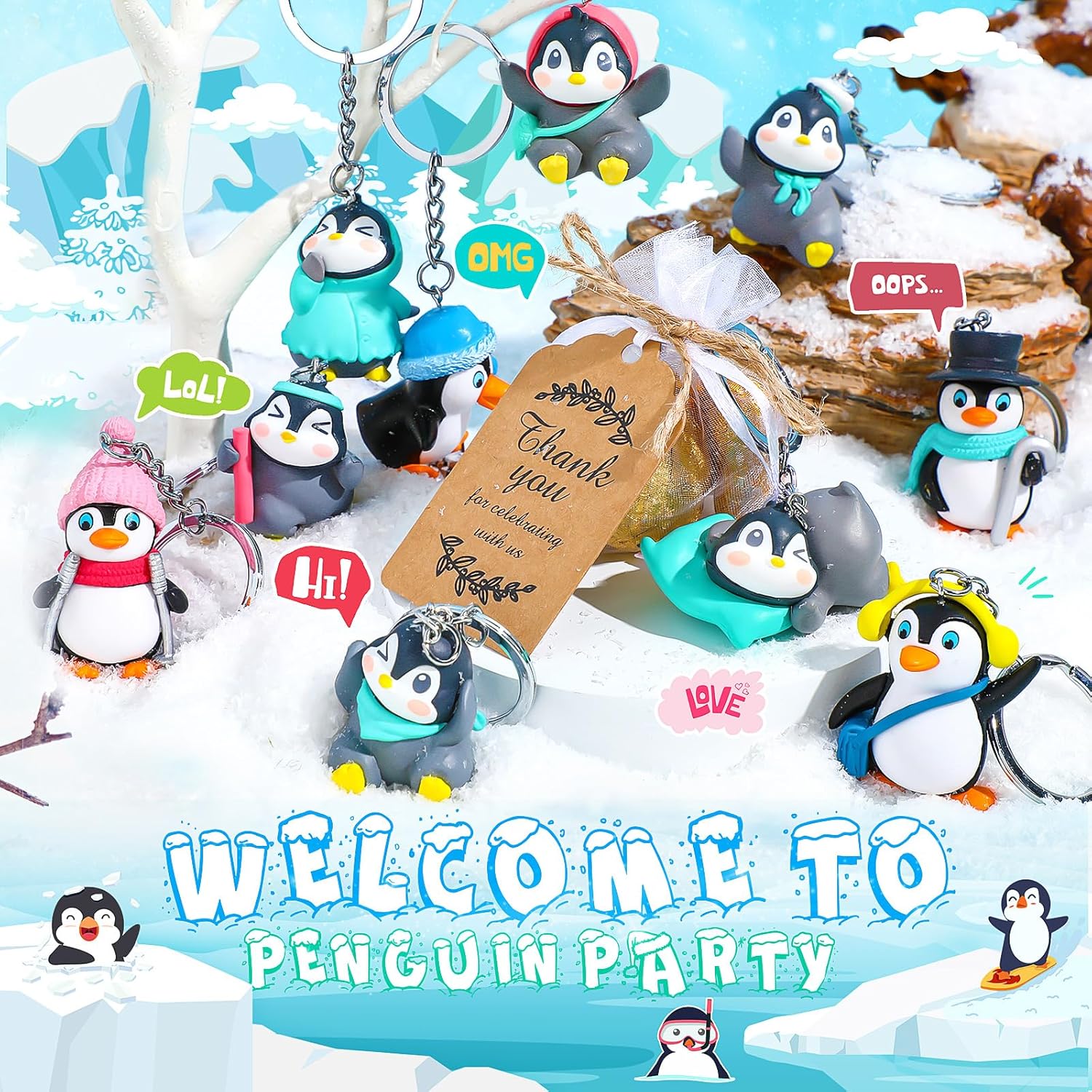 Kigeli 24 juegos de llaveros de pingüino, recuerdos de fiesta de pingüinos, llavero de animales 3D con colgante de pingüino ártico en miniatura,