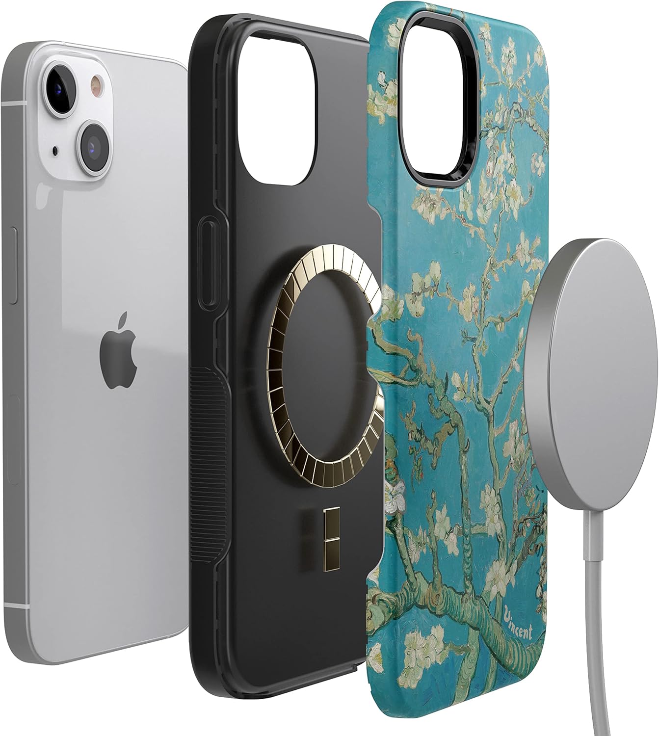 Casely Funda floral para iPhone 14  Blue Awakening  Van Gogh Almond Blossom  Compatible con MagSafe