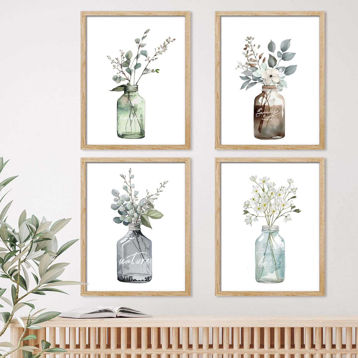 SIGNWIN Arte de pared enmarcado de florero de vidrio con hojas de bosque pastel, juego de 4 impresiones de decoración de pared de naturaleza