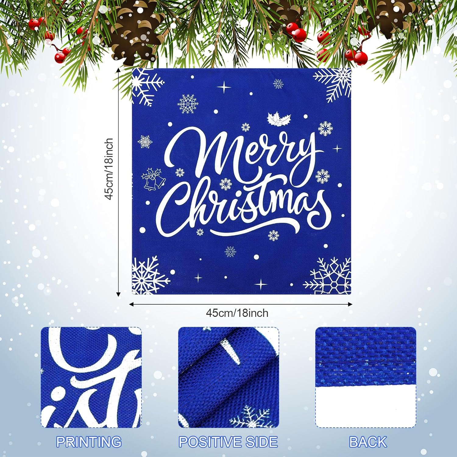 VitalCozy 6 fundas navideñas para sillas de 18 x 18 pulgadas, de arpillera, color azul, con texto en inglés “Merry Christmas”, fundas de asiento con