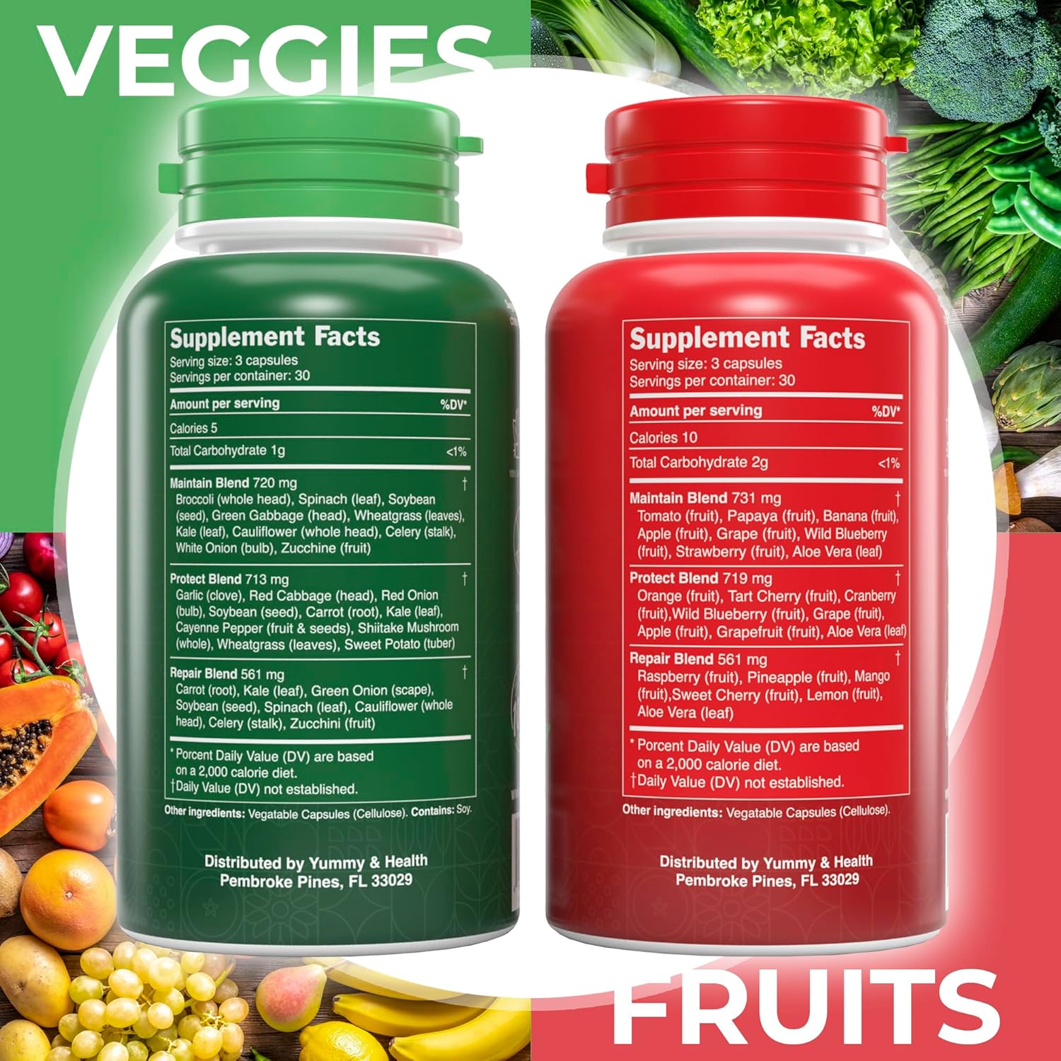 YUMMY & HEALTH Suplemento de frutas y verduras, hecho con superalimentos, 90 cápsulas de frutas y 90 vegetales, fórmula de bienestar para apoyar el