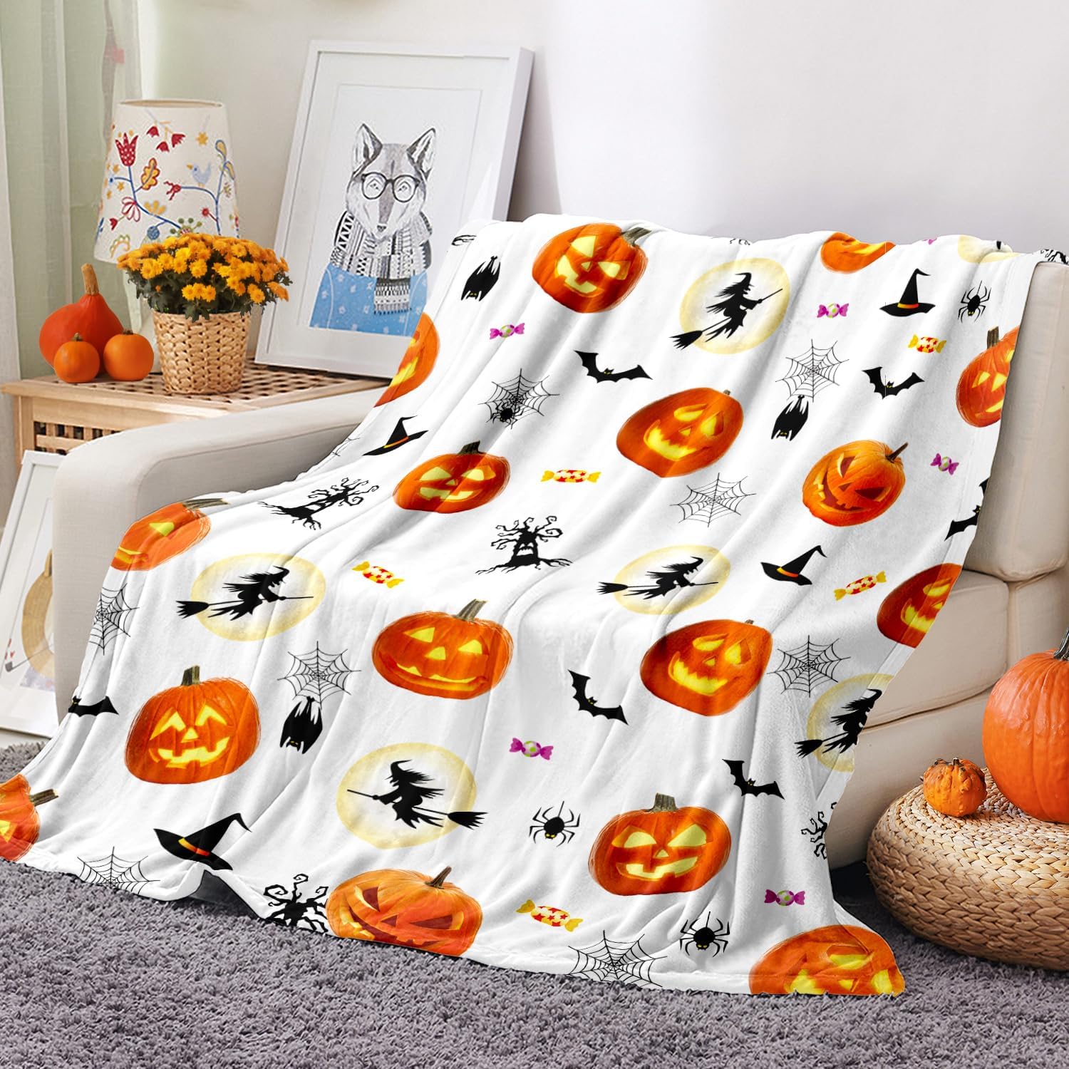 Manta de Halloween con telarañas de calabaza, manta negra de murciélago y bruja, decoración de Halloween, manta de franela súper suave para cama,