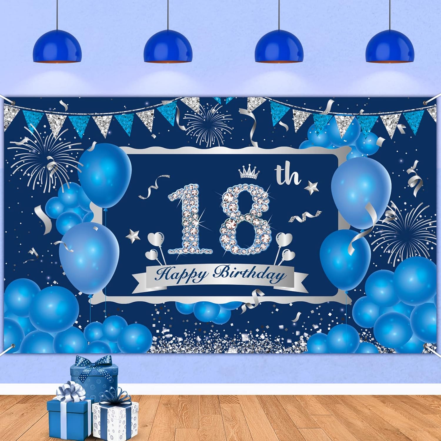 Cartel azul de decoración de cumpleaños número 18 para niños y niñas, telón de fondo azul marino y plateado de feliz cumpleaños 18, suministros de