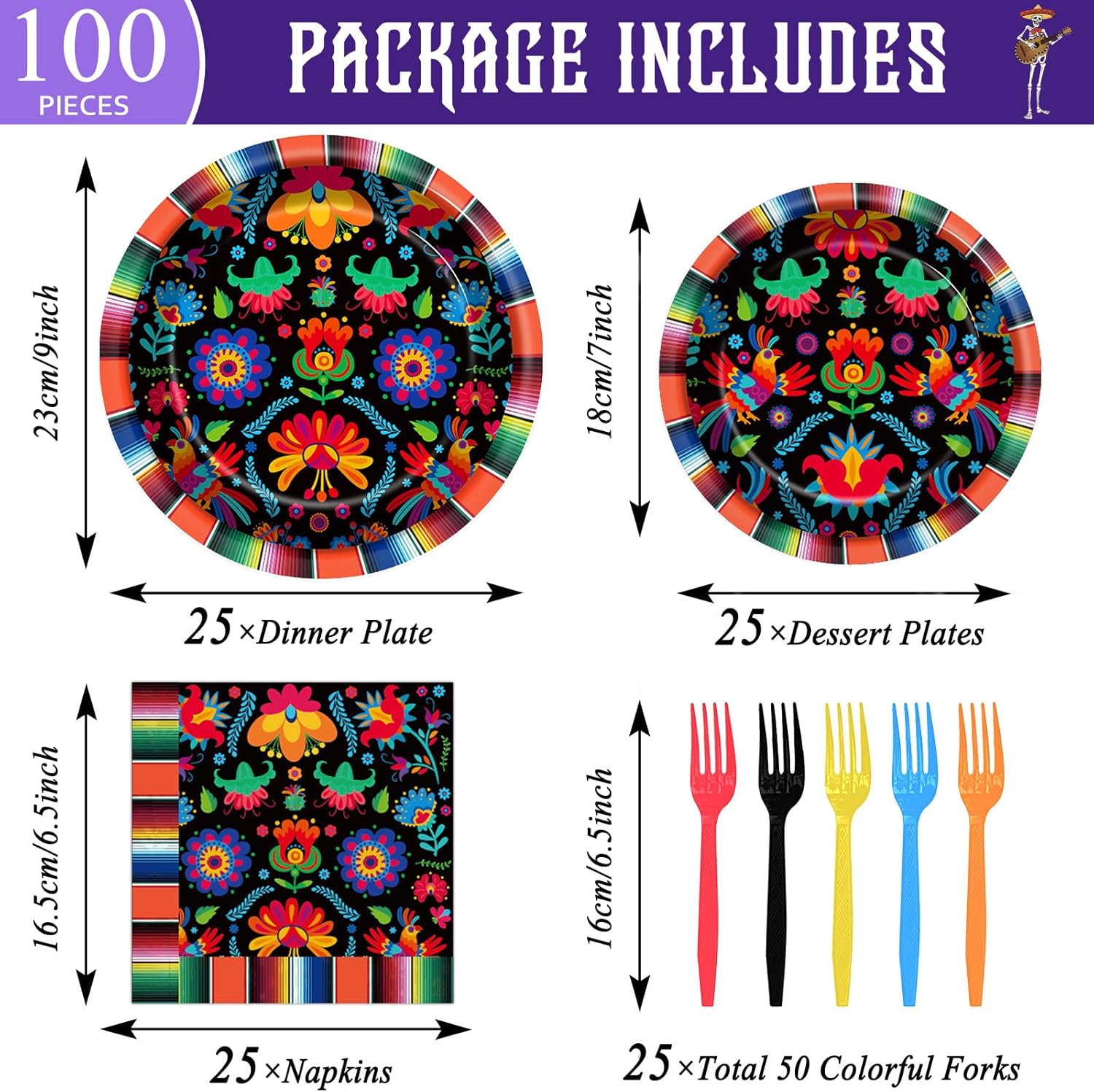 100 platos y servilletas para fiesta mexicana, suministros de fiesta del Cinco de Mayo, México, juego de vajilla para decoración de fiesta para el
