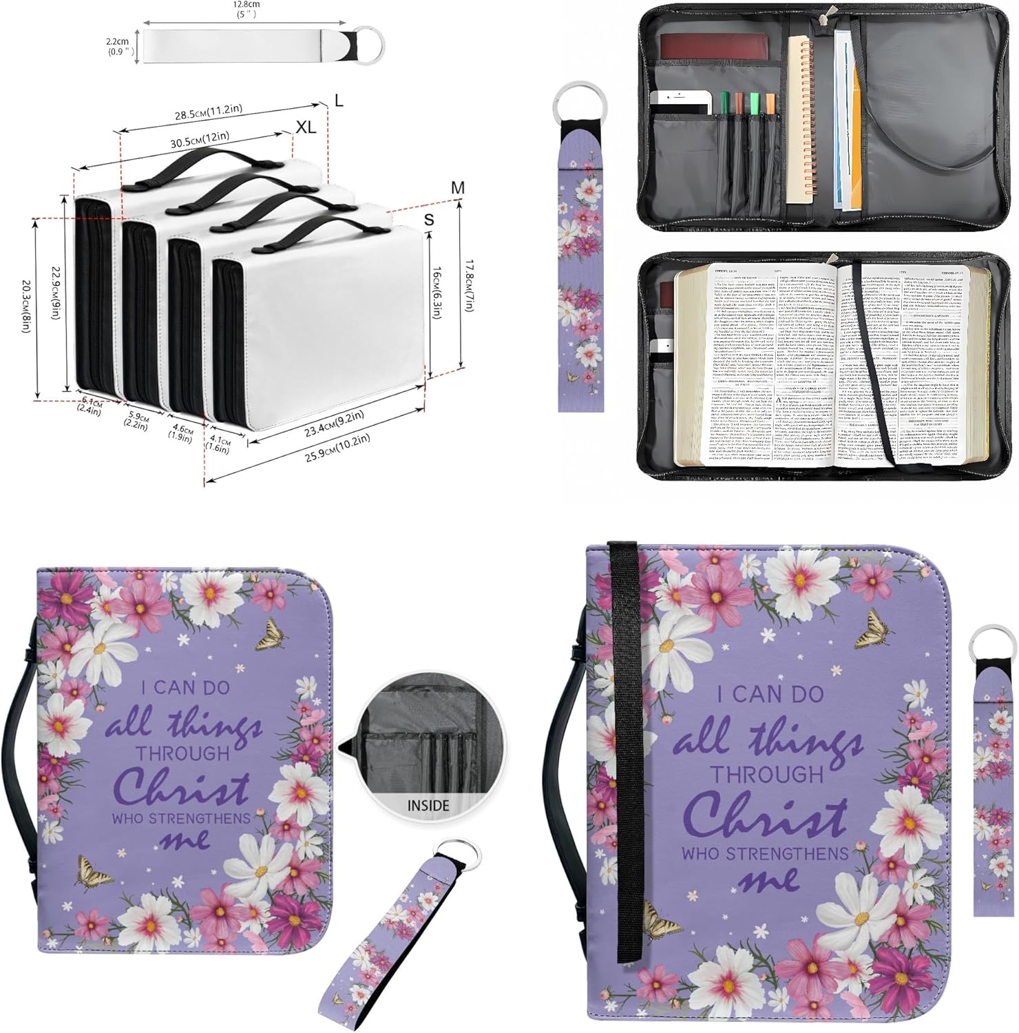 Funda de la Biblia con diseño de flores para mujer, funda pequeña para la Biblia con asa con cremallera y llavero, bolsa protectora de la Biblia,
