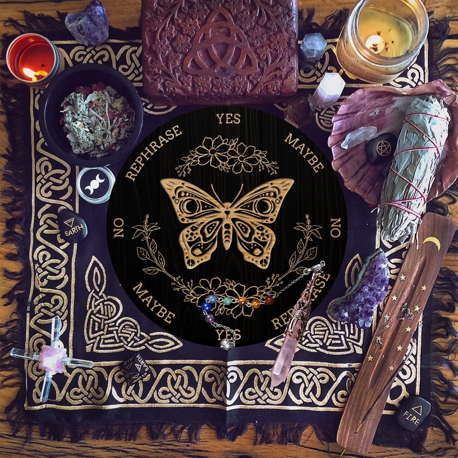 AHANDMAKER Tabla de péndulo de bruja de 7.8 pulgadas, plancha de madera para radiestesia con péndulos de cristal de cuarzo rosa, herramientas de