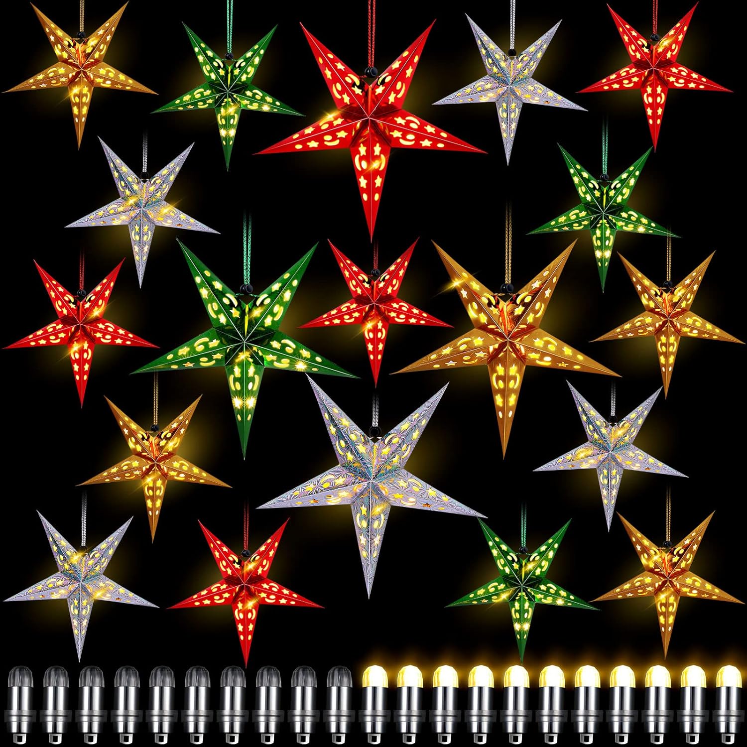 Hortsun Juego de 20 faroles de papel de Navidad con forma de estrella, 2 tamaños, 17.7 pulgadas, 11.8 pulgadas, adornos colgantes de Navidad,