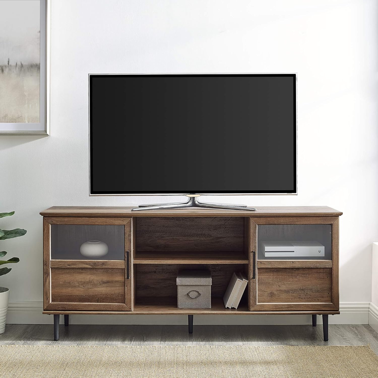 Walker Edison Moderno soporte de TV de madera y vidrio con 2 puertas de gabinete para televisores de pantalla plana de hasta 65 pulgadas, consola
