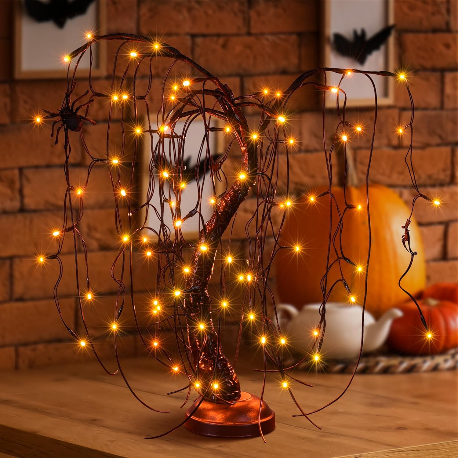 Luz de bonsái de sauce iluminada de 24 pulgadas para Halloween, 80 luces LED naranjas, lámpara de mesa, árbol artificial, decoración de escritorio