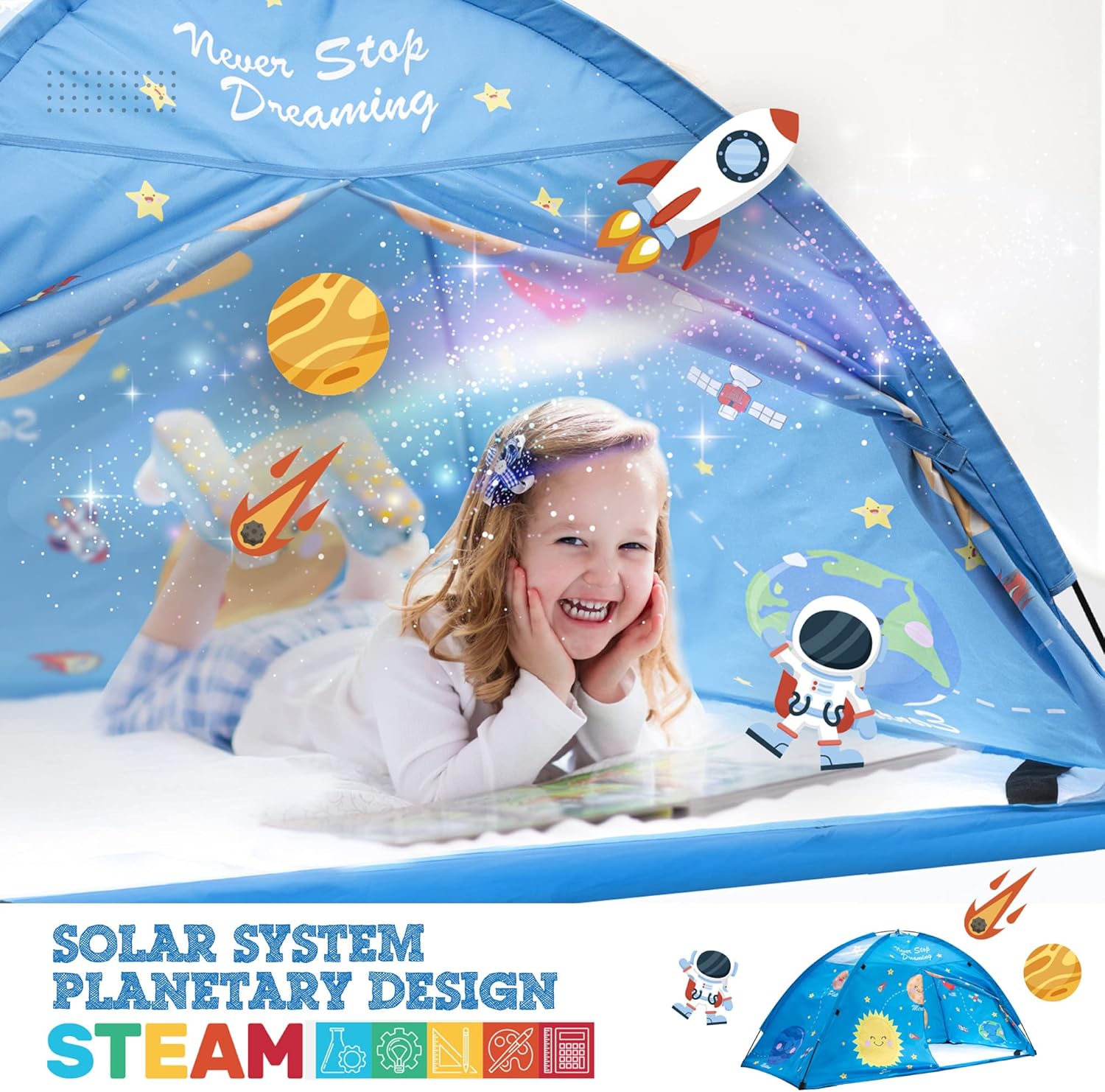 Tienda de campaña para niños, tienda de campaña de cama de tamaño individual para niñas, tienda de campaña de cama individual con sistema solar para